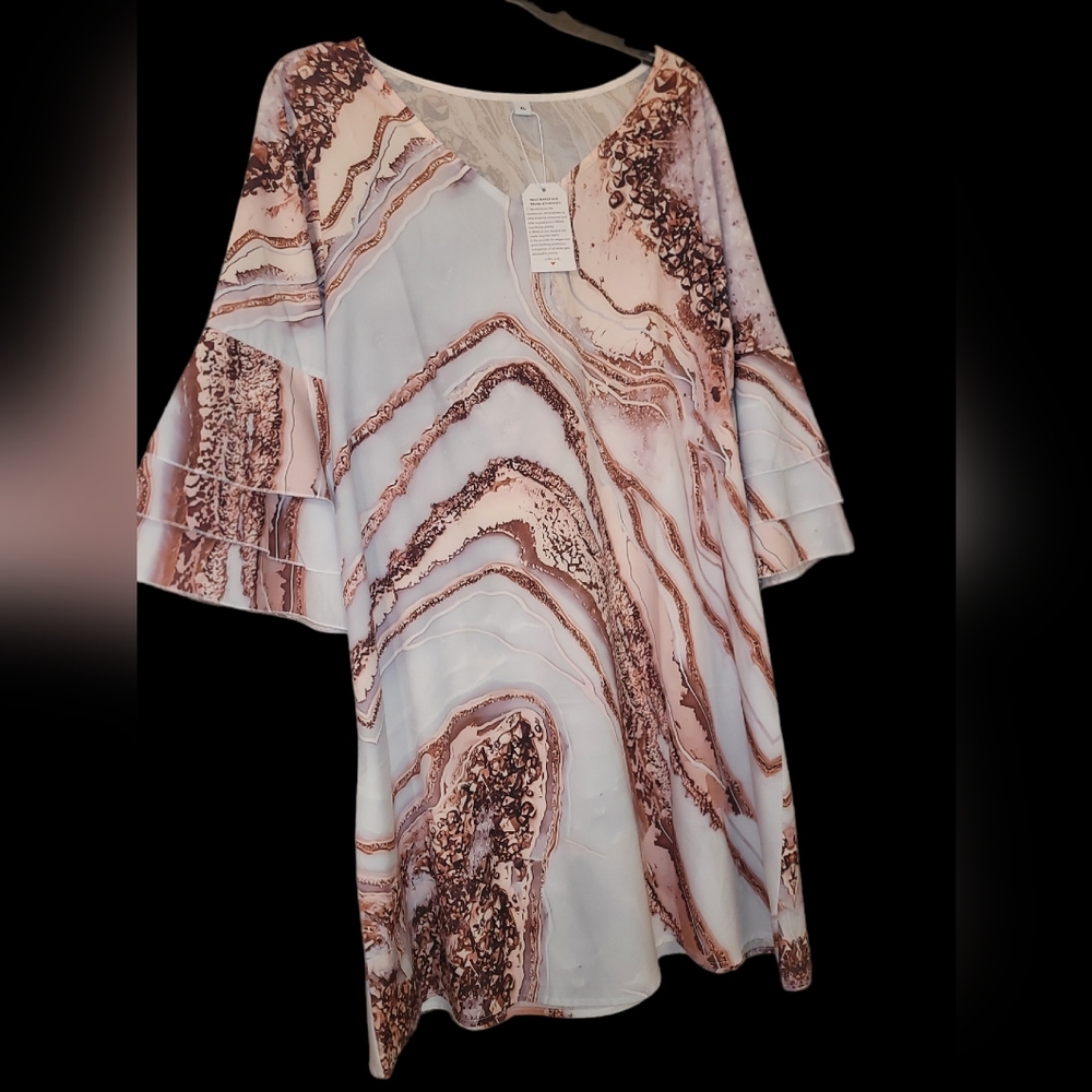 NWT -Silky Cocktail Dress with Marble Partern & Bell Sleeves XL